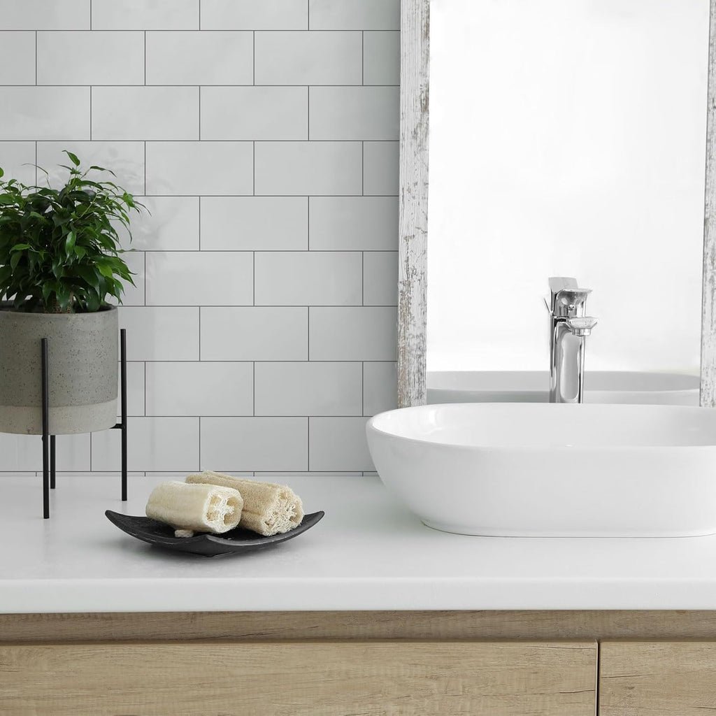 10- Sheet Polished White Peel and Stick Backsplash, 12''Luxury PVC Ceramic Look Self Stick Subway , Waterproof Peel