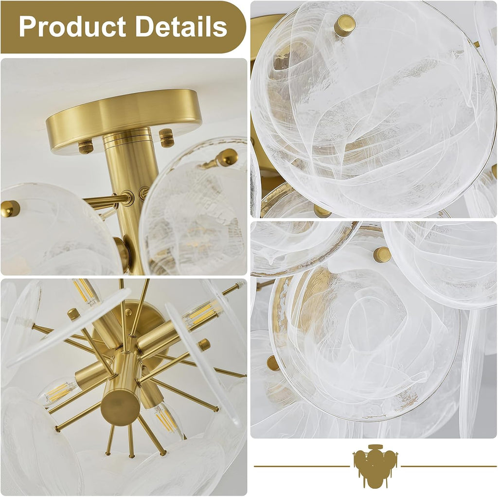 15" Brass Gold Semi Flush Mount Ceiling Light,13 lb Sturdy Vintage Flush Mount Chandelier with Unique Cloud Glass, 4