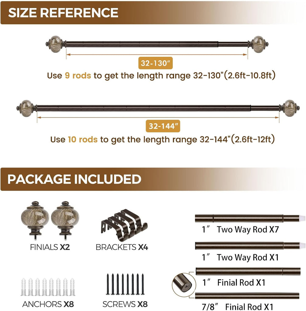 1 Inch Curtain Rods for Windows 72 to 144 Inches (6-12ft) Bronze Heavy Duty Curtain Rod, Adjustable Long Drapery Rods