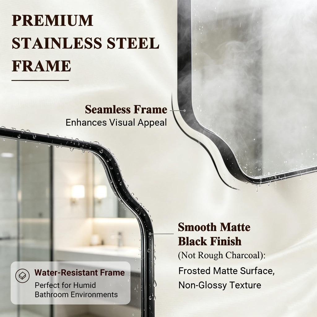 30x36 Inch Bathroom Mirror, Matte Black Vanity Mirror, Modern Scalloped Mirror in Premium Stainless Steel Metal Thin