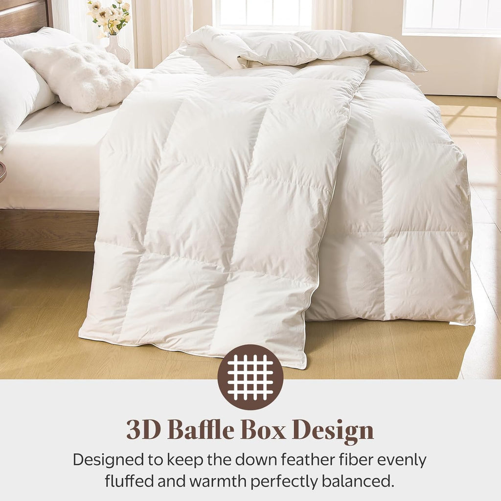 Goose Feather Down Fiber Comforter Queen - 100% Organic Cotton Shell All Season Duvet Insert, Medium