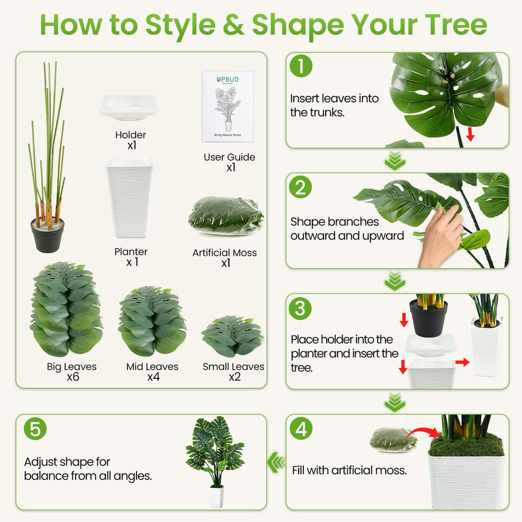 Artificial Monstera Plant, 64" Tall Large Fake Swiss Cheese Tree