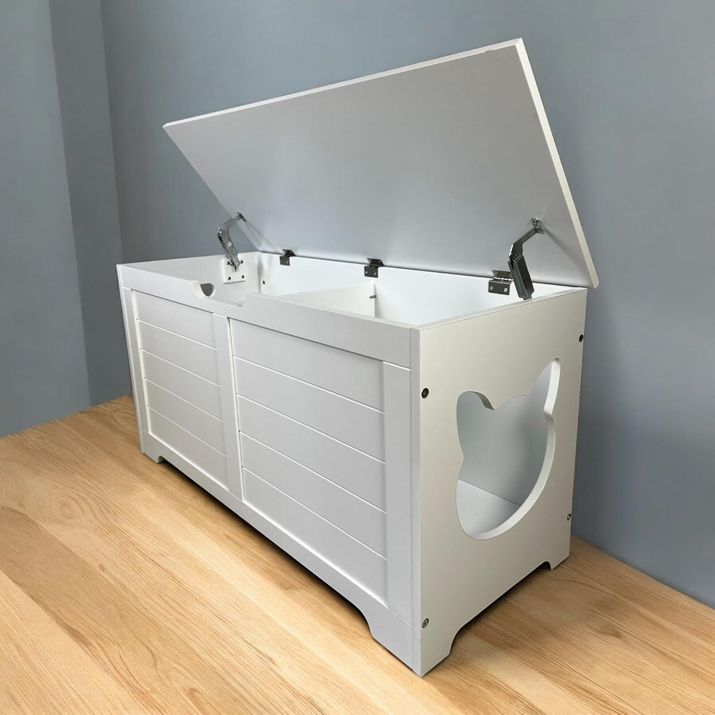 Top Open Cat Litter Box Enclosure Hidden Furniture Bench, Large Cat Washroom Cabinet and Indoor Storage Chest, Cream