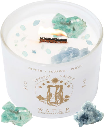 Pisces, Cancer, Scorpio Gifts for Women, Wood Wick Crystal Soy Candle | Blue Calcite & Amazonite crystals