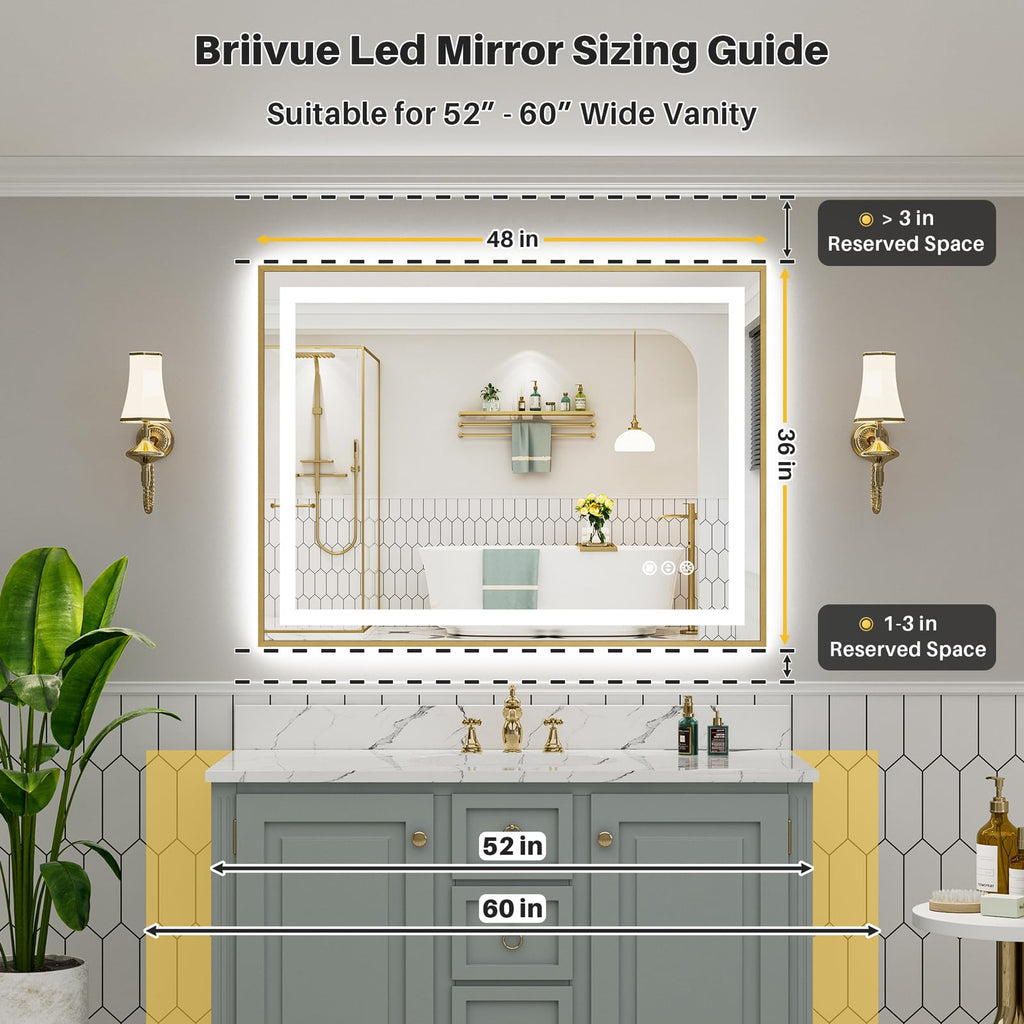 48x36 Inch LED Bathroom Mirror with Gold Frame, Backlit & Front Lit