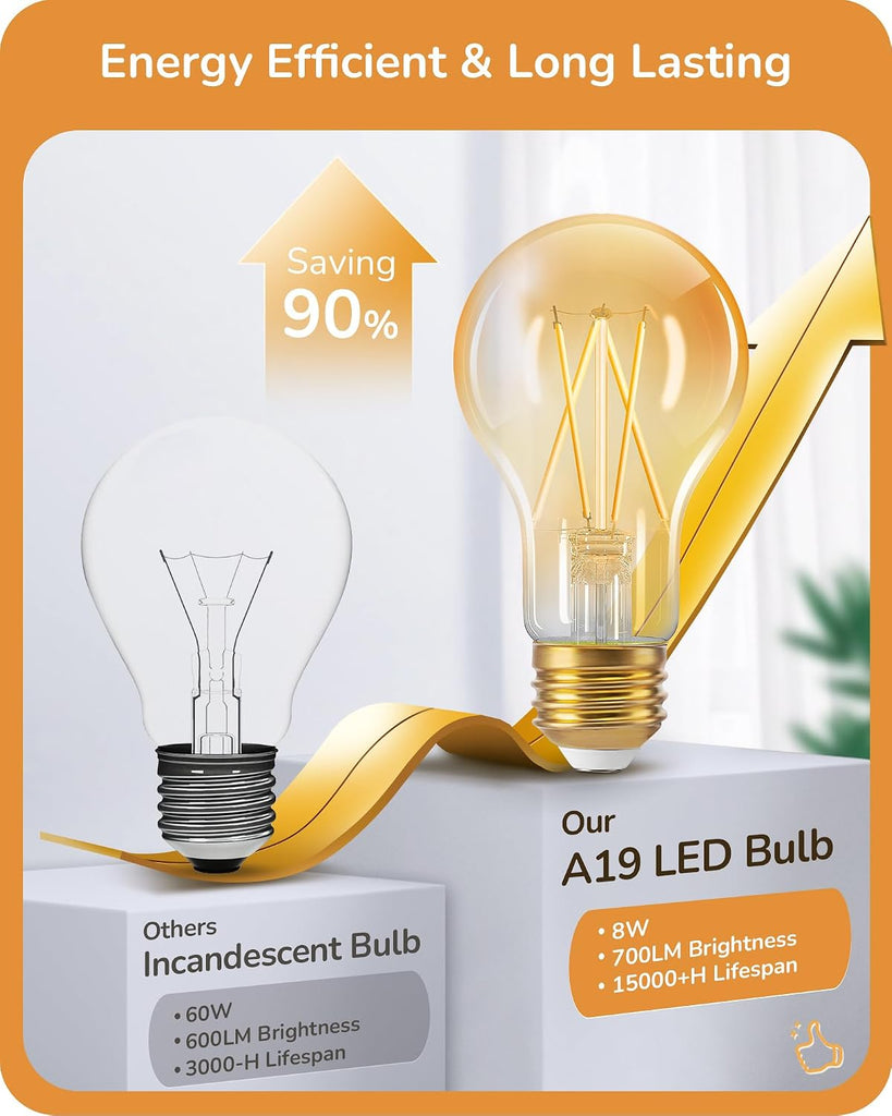 A19 Dimmable Edison LED Bulbs, 700LM 2200K Amber Warm 6-Pack