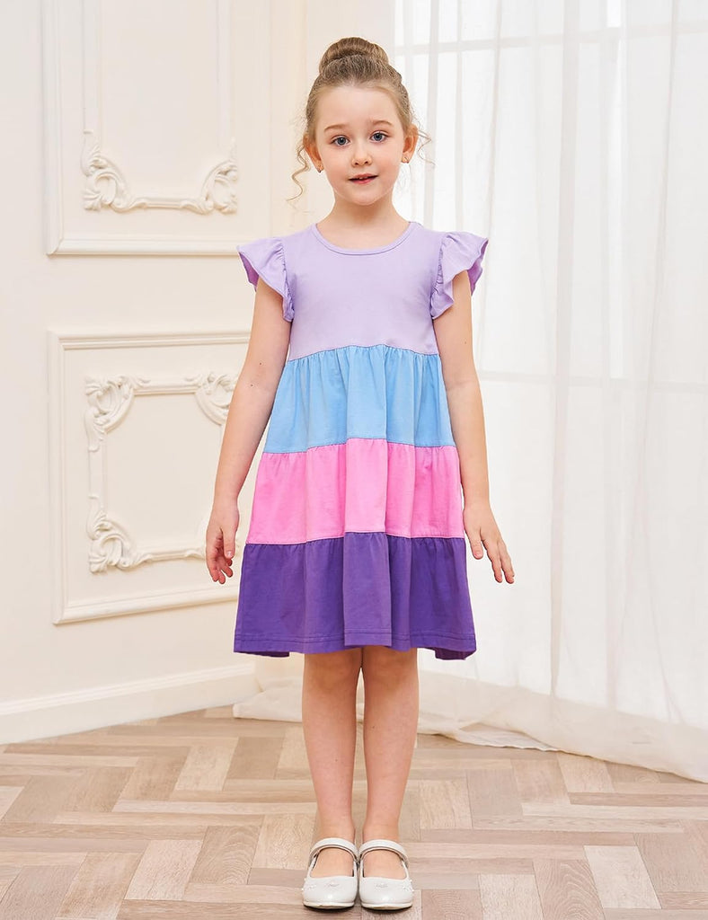 Girl's Dresses Cotton Ruffle Sleeve Tiered Swing A-Line Cute Midi Casual Sundress