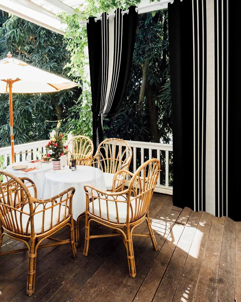 Outdoor Curtains , Black Beige Striped Waterproof Blackout Outside Curtain for Porch/Pergola/Gazebo, Modern Farmhouse