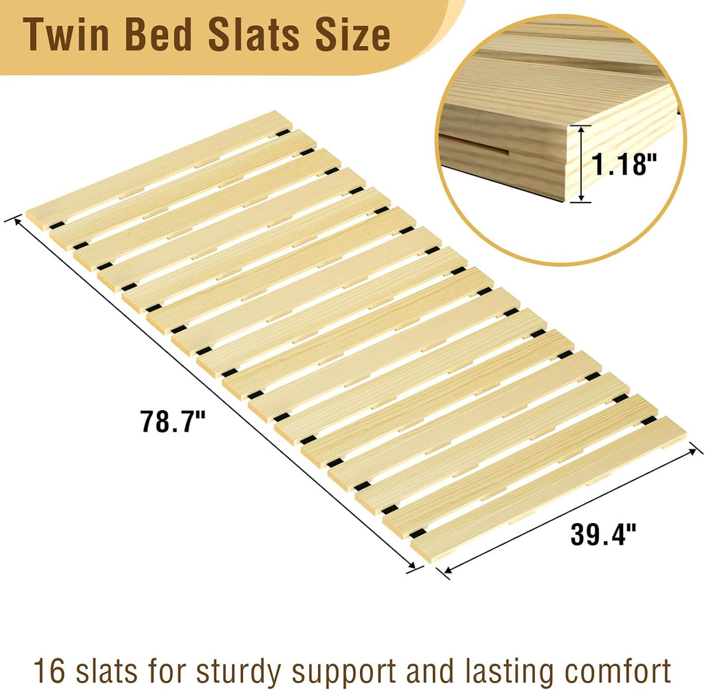 Tatami Mat Floor Bed, Knotless Solid Wood, Roll-Up Slatted, Bed Plate with 2 Storage Straps, Moisture-Proof and