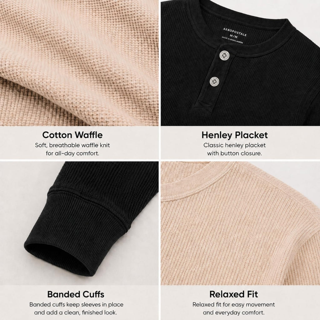 Boys Pack Thermal Long Sleeve Shirts Cotton Waffle Henley