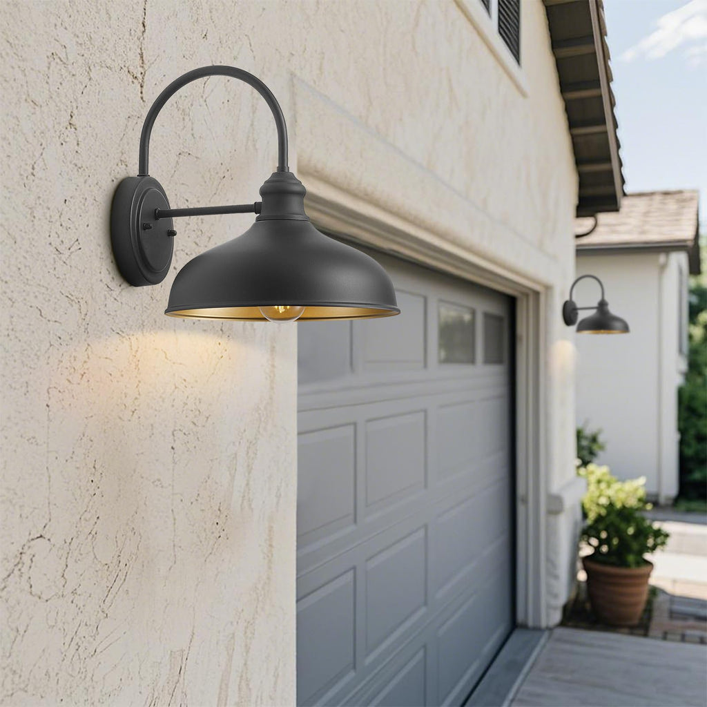 10" Dome Barn Lights for Farmhouse, Matte Black Gooseneck Outdoor Light Fixture, Exterior Porch Lighting with Wall
