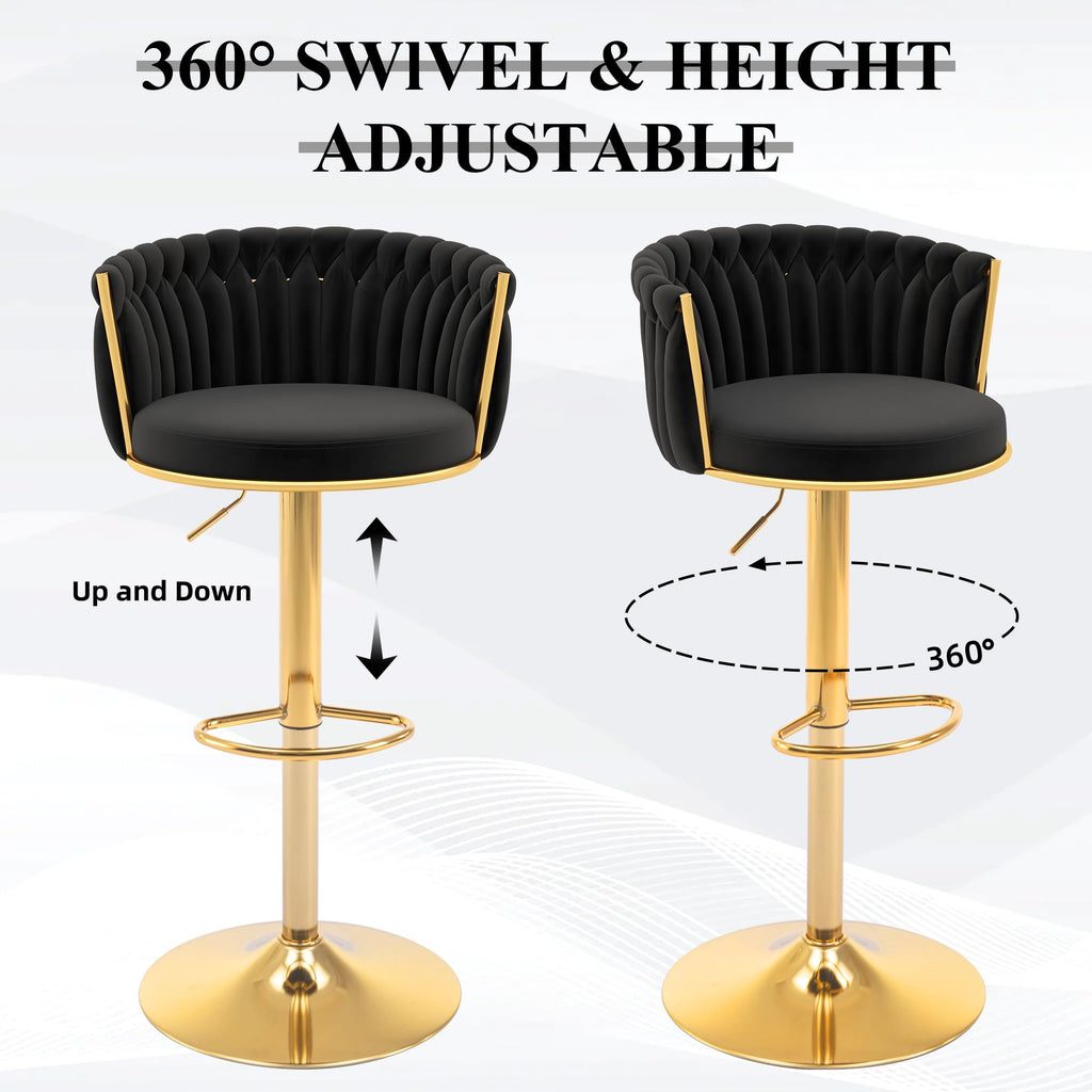 Black Gold Bar Stool Set of 2, Adjustable Height with Woven Backrest