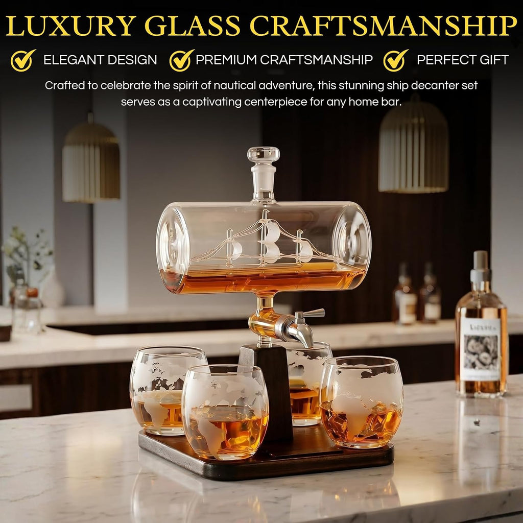Whiskey Decanter Globe Set with 4 Etched Whiskey Glasses - for Liquor Scotch Bourbon Vodka, Gifts For Men - 1250ml