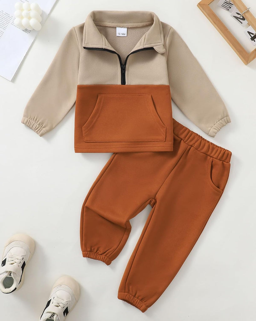 Toddler Baby Boy Clothes Color Block Long Sleeve Zipper Sweatshirt Tops + Pants Fall Winter Outfits Set