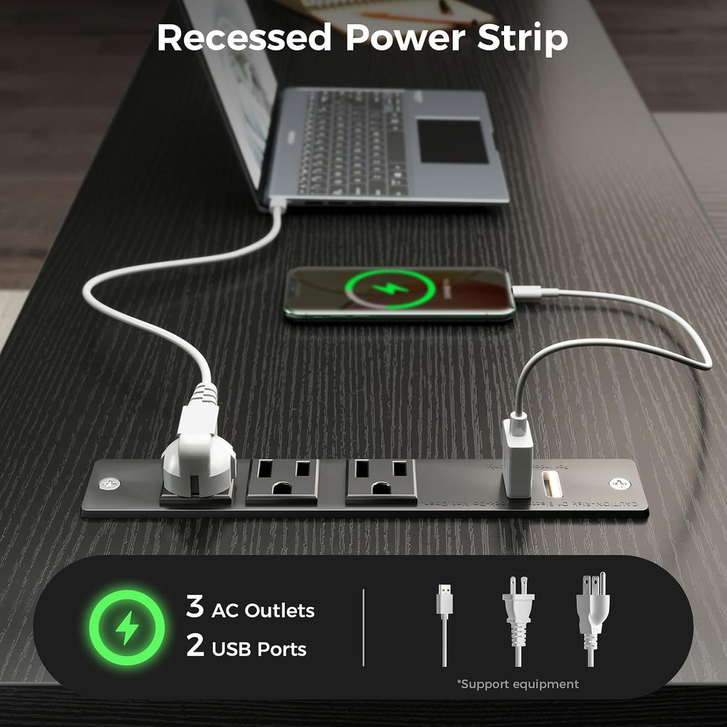 61 Inch L Shaped Computer Desk with 4 Drawers, LED Lights, Black | Power Outlets, Adjustable Monitor Stand, Open