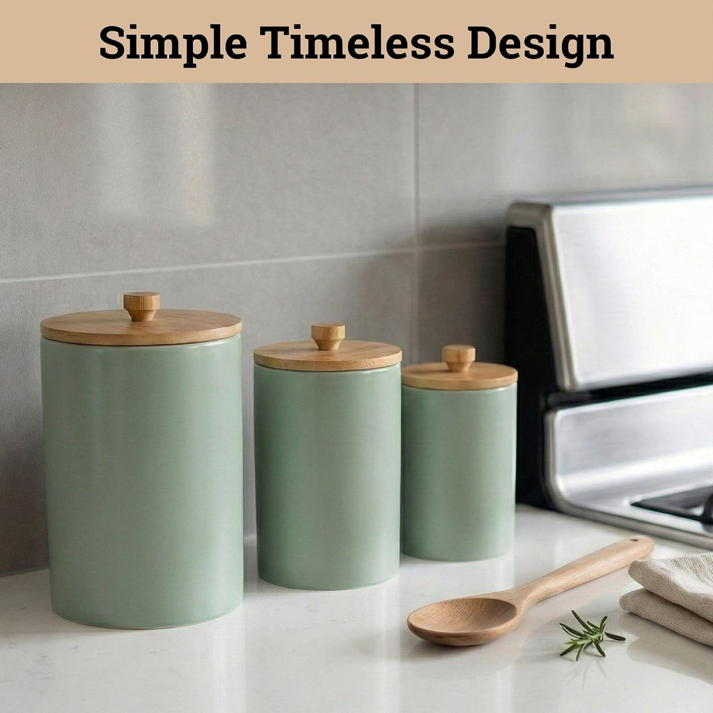 Ceramic Kitchen Canisters for Countertop w/ Airtight Bamboo Lids - Set of 3