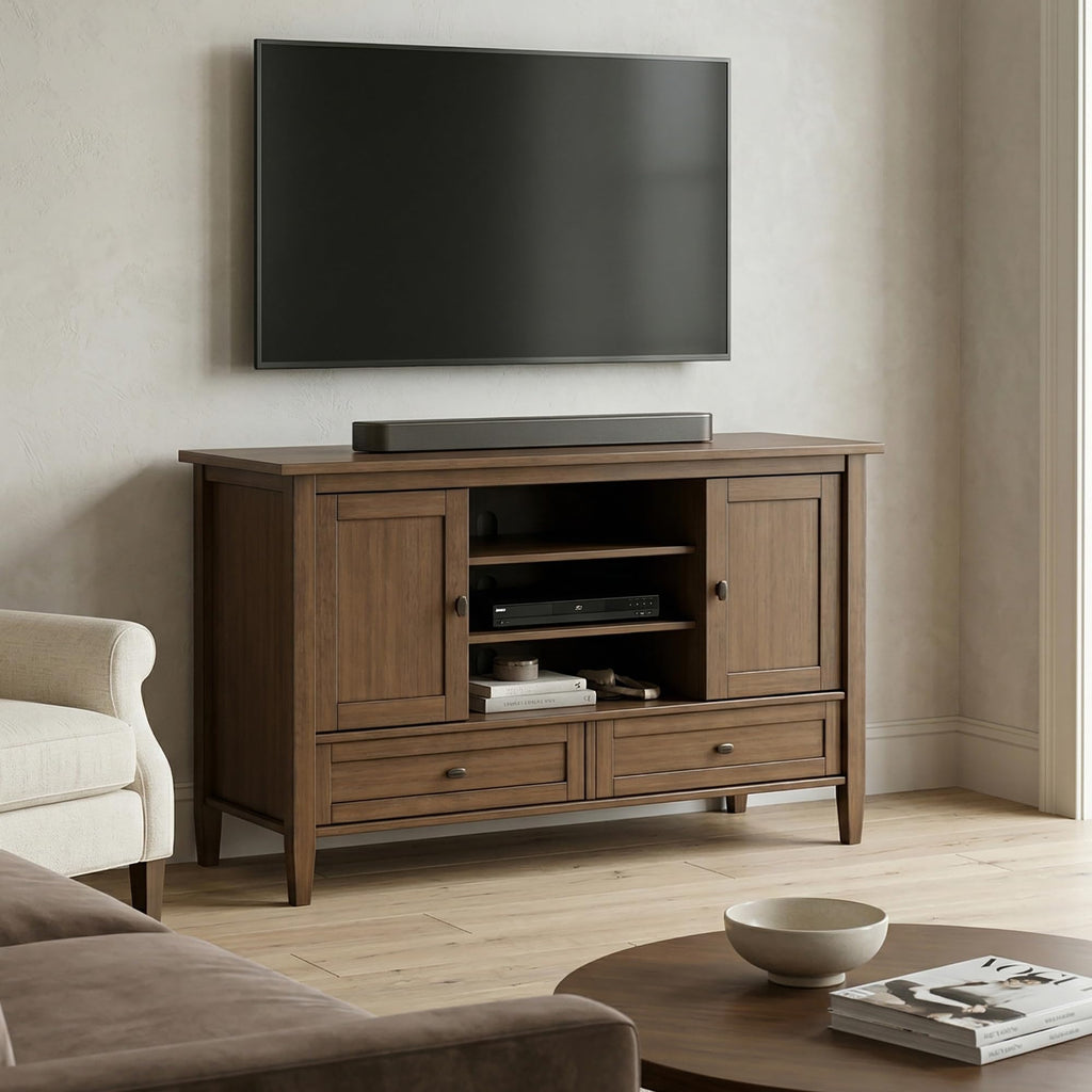 Warm Shaker 47" Wide Wood TV Stand in Rustic Natural Aged Brown