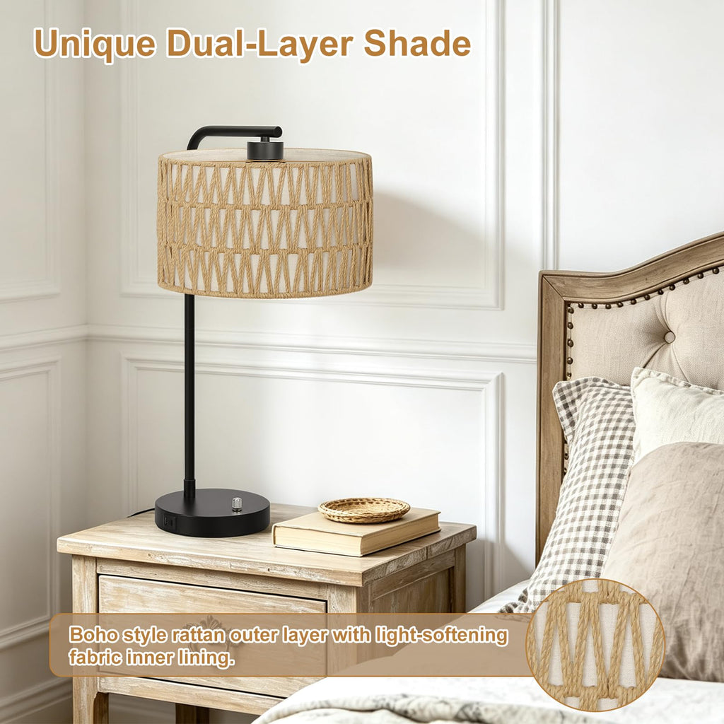 Boho Rattan Table Lamp, Fully Dimmable Tall Bedside Lamp with USB C+A Ports