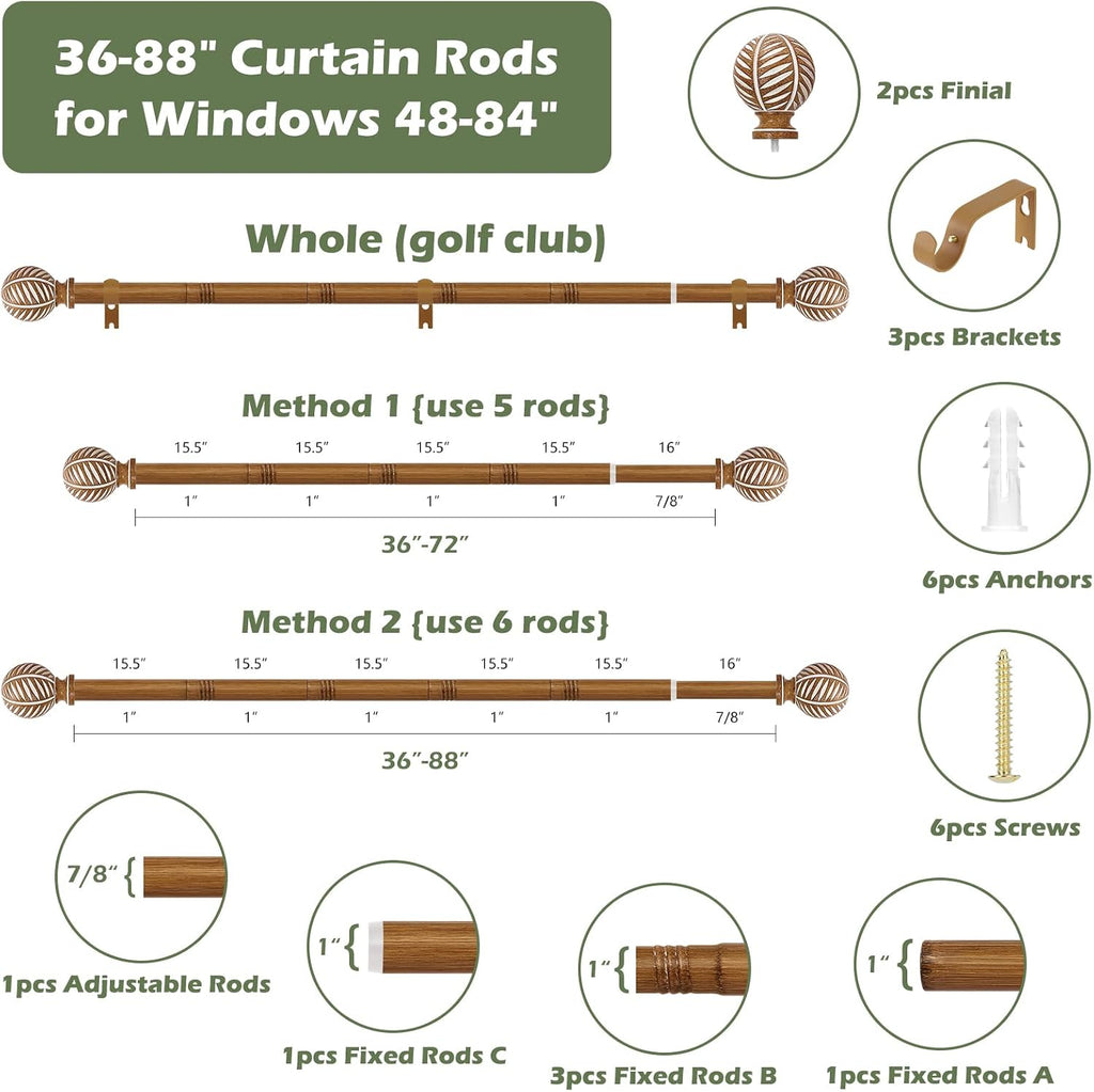 Wood Boho Curtain Rods for Windows:Wooden Farmhouse Decorative Curtain Rod for Bedroom Living Room,Heavy Duty