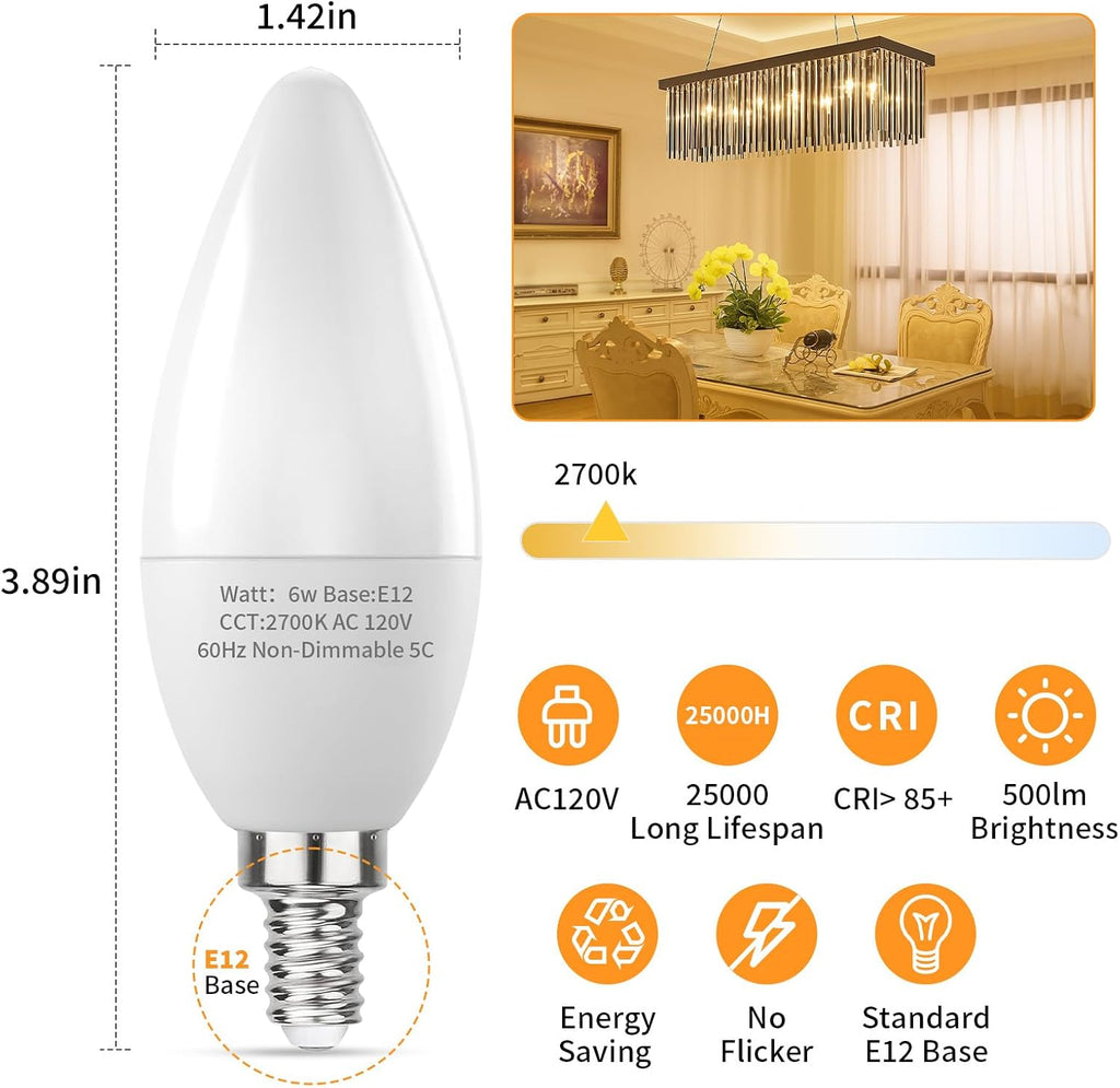 E12 LED Candelabra Bulbs 60W Equivalent, 2700k Soft Warm White