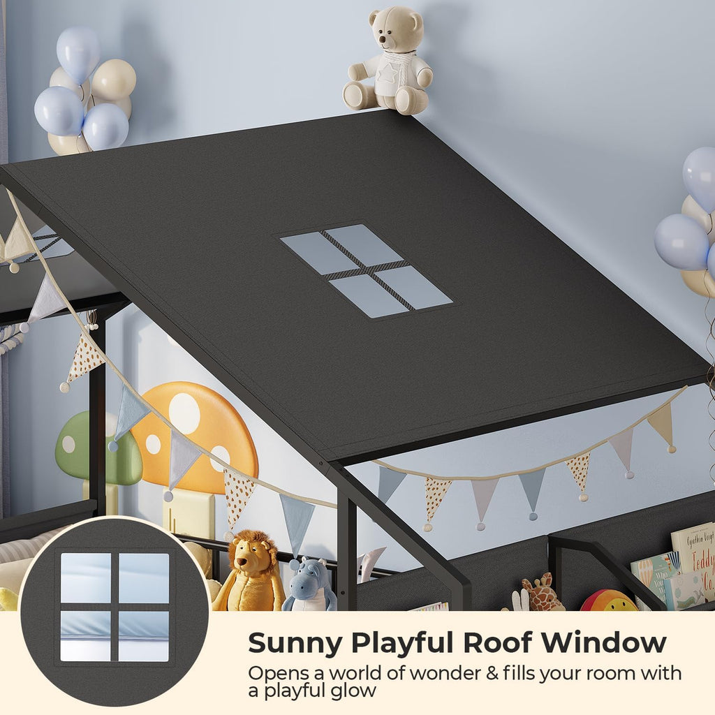 Montessori Floor Bed, Safety Guardrails, Reading Nook, Black