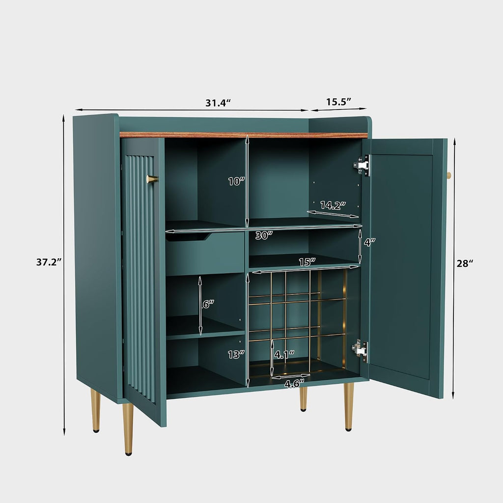 Modern 32 inch Wide Coffee Bar Cabinet with Wine Storage, Liquor Cabinet with Glass Holder & Grid Rack, Fluted