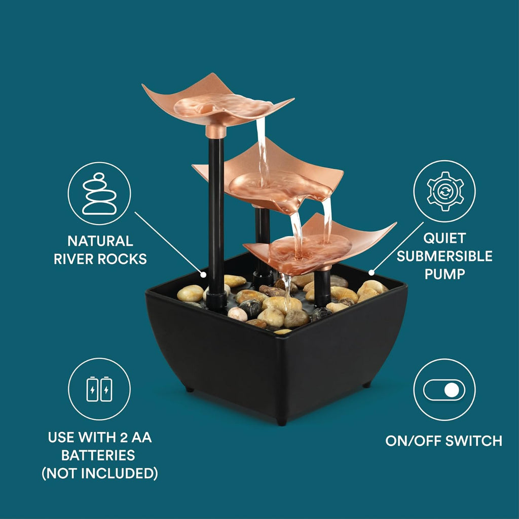 Tabletop Water Fountain, 3 Tier Indoor Waterfall Fountain with Natural River Rocks, Quiet Pump for Relaxation, Zen