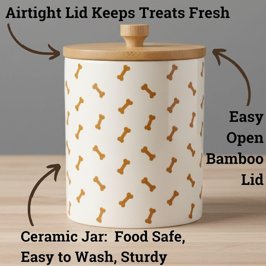 Ceramic Dog Treat Container Airtight with Bamboo Lid, 5"W x 6.4"H, 4 Cups