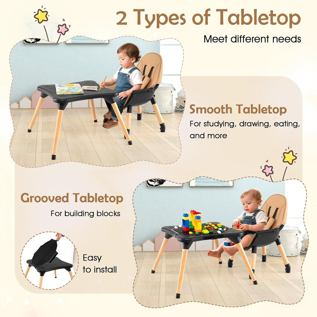 High Chair, 6-in-1 Convertible Wooden High Chairs for Babies and Toddlers w/Building Block Table, 5-Point Safety
