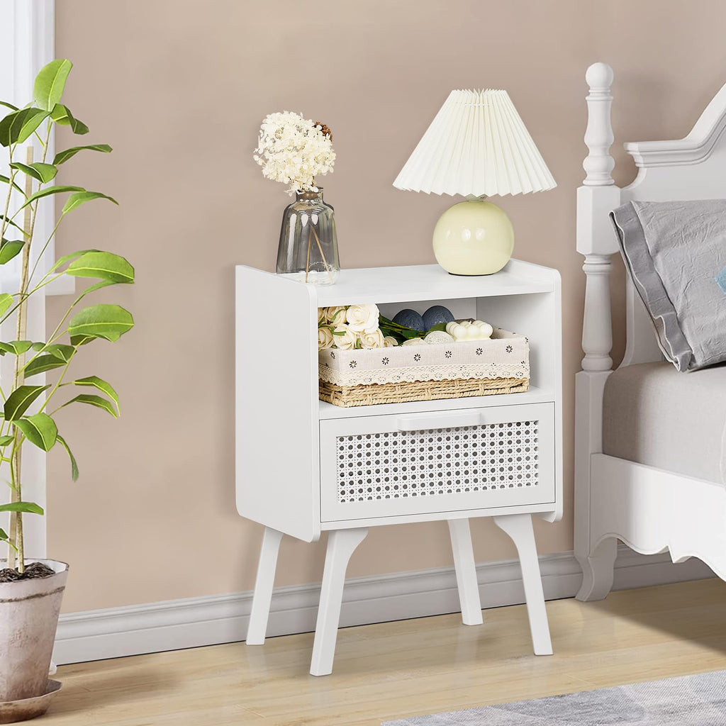 Rattan Nightstands Set of 2, Side Table with Drawer Open Shelf