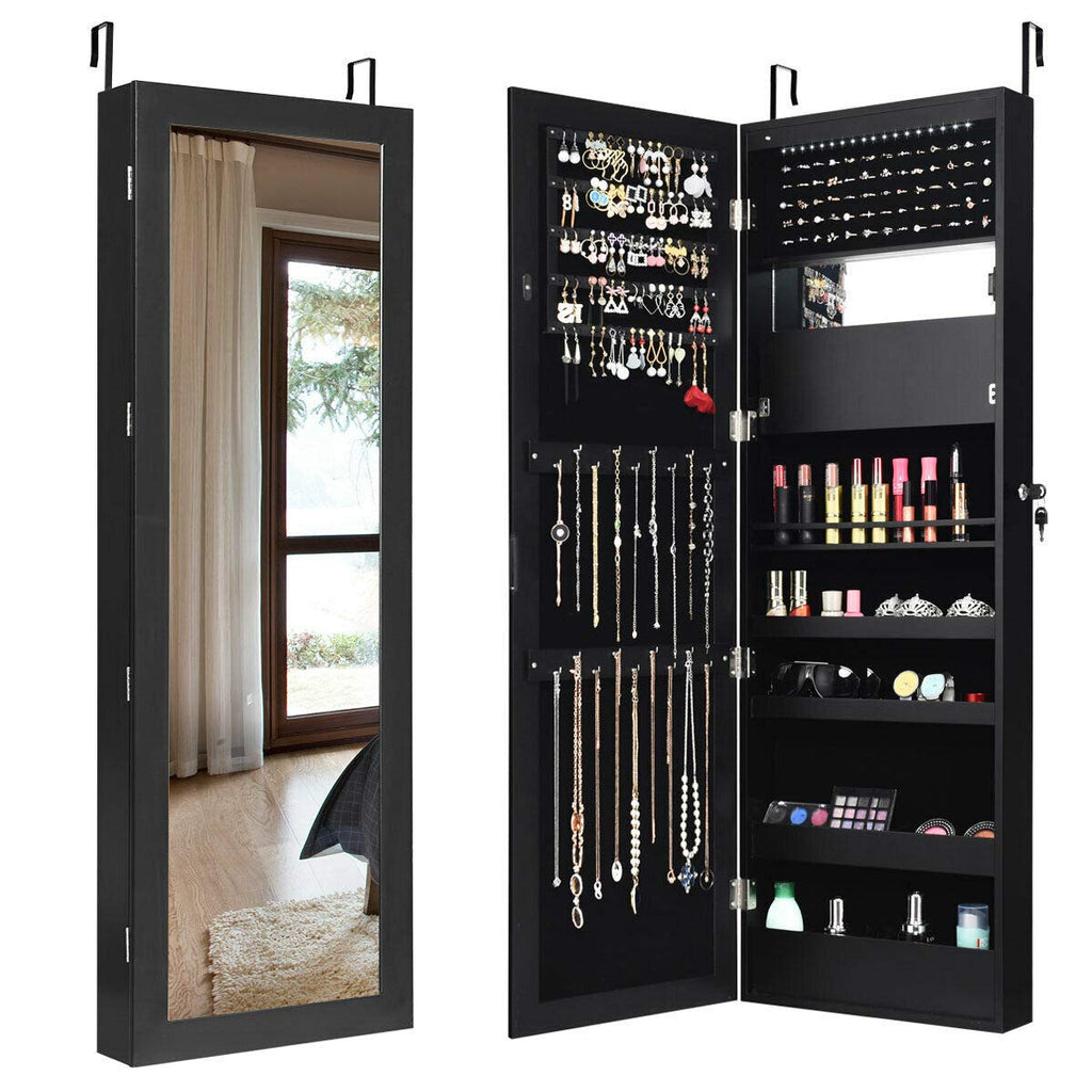 Wall Mounted Jewelry Cabinet, Lockable Door Hanging Jewelry Armoire w/ 12LEDs, Space Saving Makeup Display Cabinet