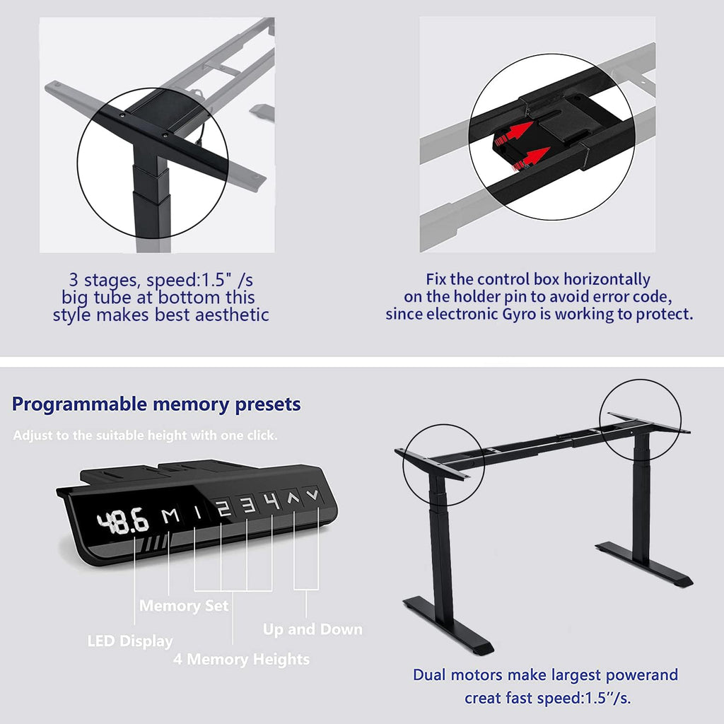 VJ201-S3 Dual Motor 3-Stage Electric Sit Stand Desk Frame Only, Black