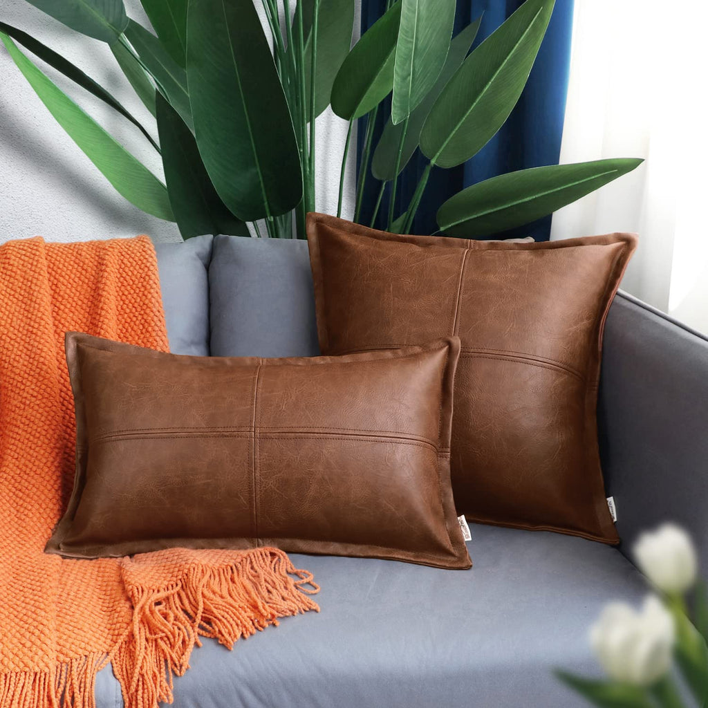 Piped Faux Leather Throw Pillow Cover 12x20 Inches, Brown, 1 PC
