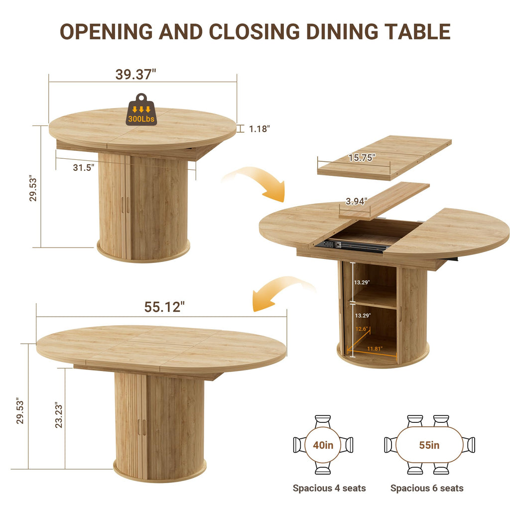 40''-55'' Extendable Round to Oval Dining Table with Storage for 4-6, Expandable Pedestal Transformer Dining Table