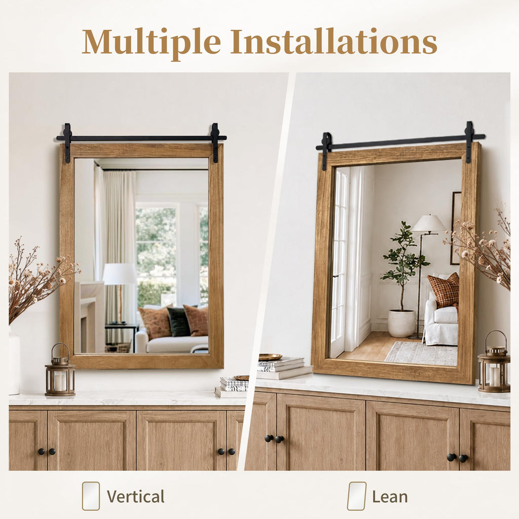 Farmhouse Bathroom Vanity Mirror, 36"x 24" Wood Barn Door Mirror, Light Brown