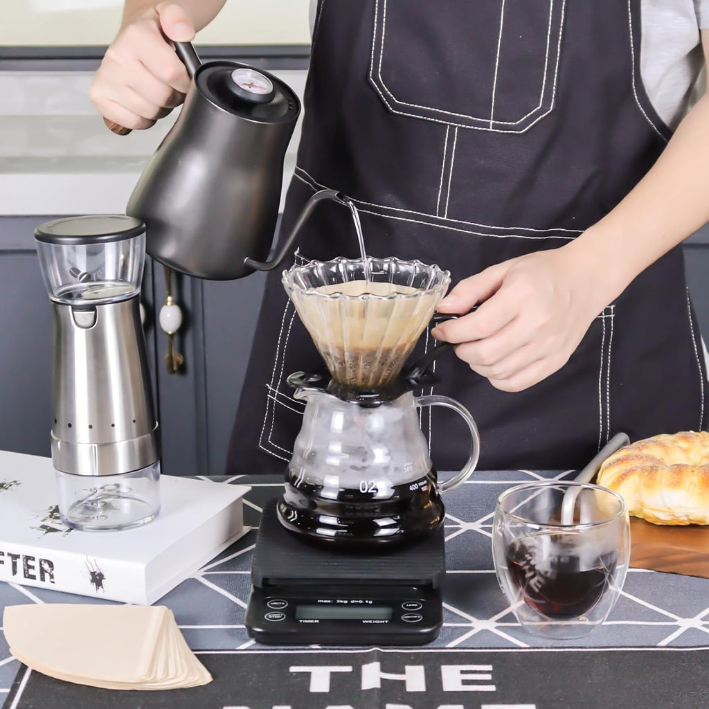 Electric Coffee Maker Set with Electric Grinder Glass Dripper Server Steel Kettle Filter Paper Travel Bag for Outdoor
