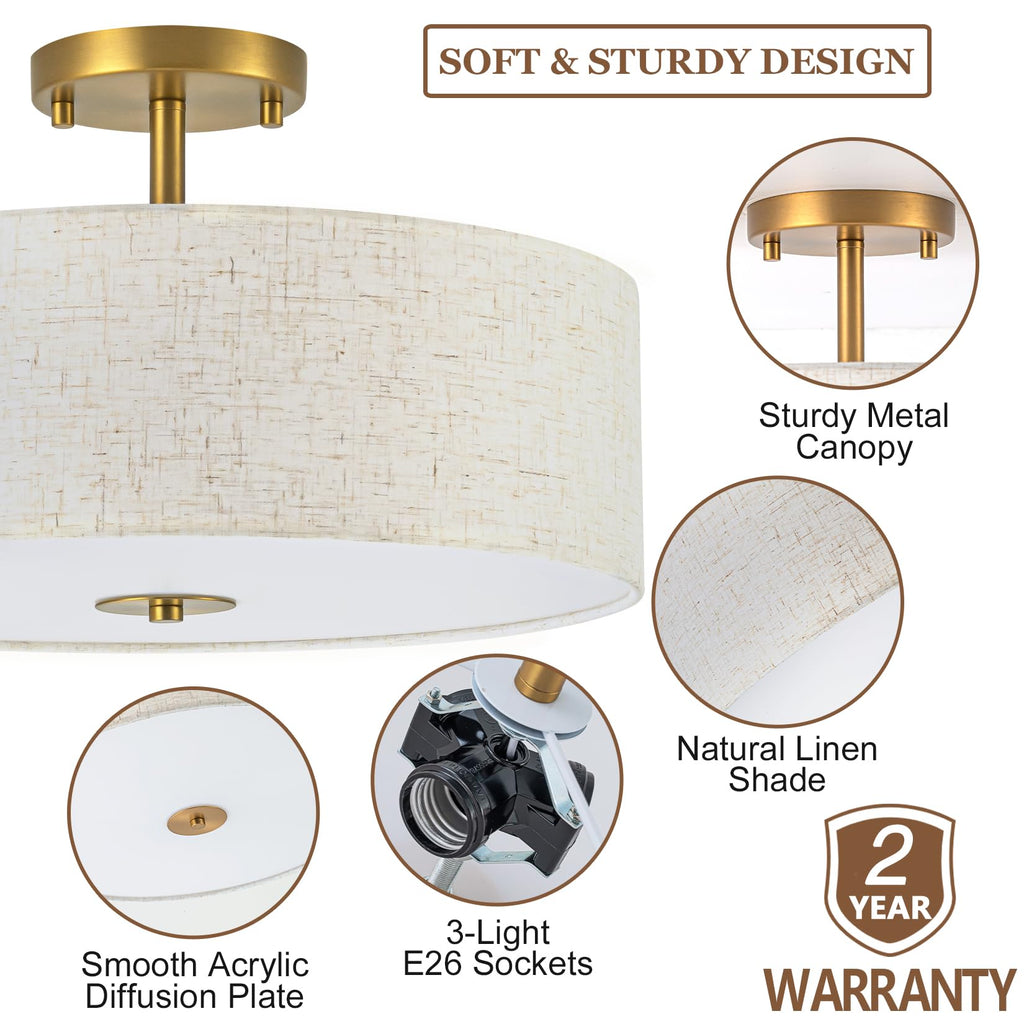 Semi Flush Mount Ceiling Light, 16" Linen Drum Shade, Matte Brass