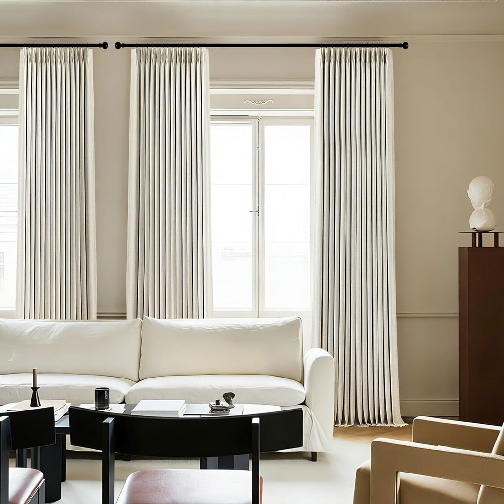 Natural Pinch Pleated 100% Blackout Linen Curtains 90 Inch Length, Black Out Pinch Pleat Curtains for Living Dining