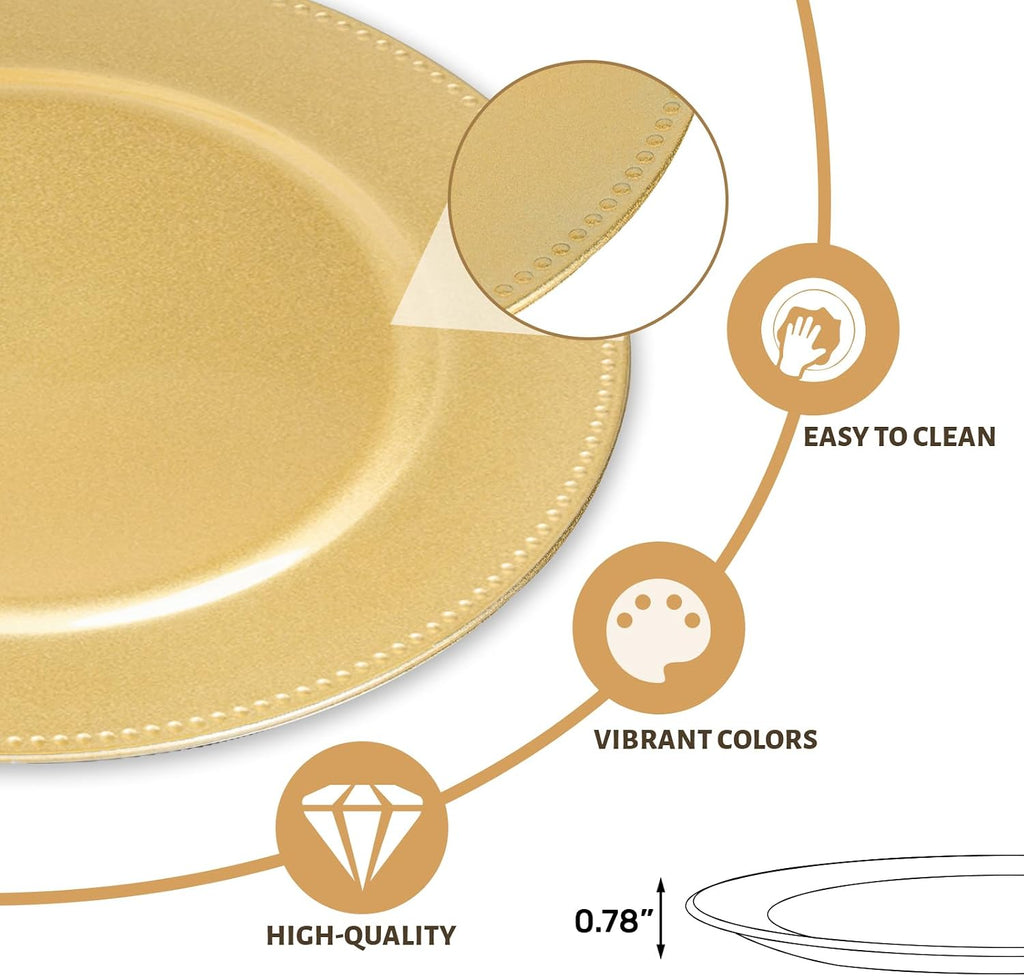 Gold Charger Plates, Round Plate Chargers with Beaded Rim - Set of 12