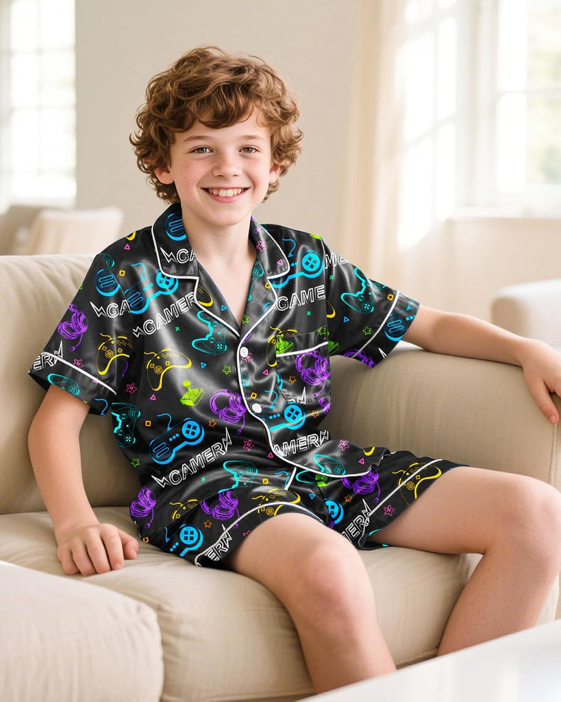 Boys Pajamas Boys Satin Pajamas Set Summer Short Sleeve Button-Down & Shorts Pjs Kids Boy Silky Pajama