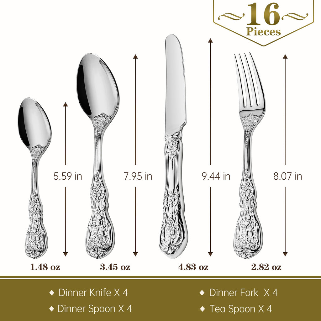 Vintage Silverware Set for 4, 18/10 Stainless Steel Flatware Set