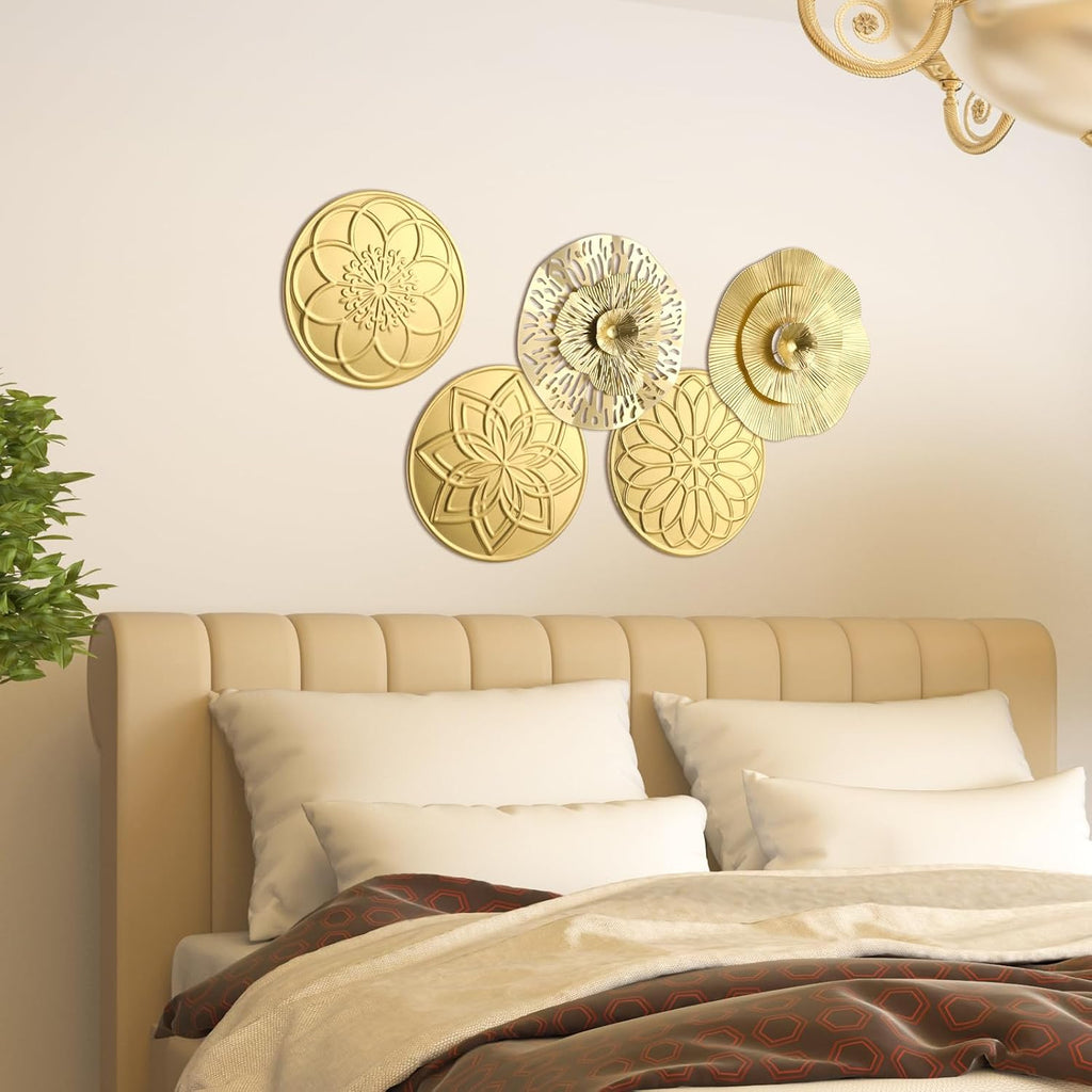 Inch Gold Metal Wall Art Decor Hanging Metal Flower Plate Modern Accent Wall Decorations Living Room Office - Set of 5