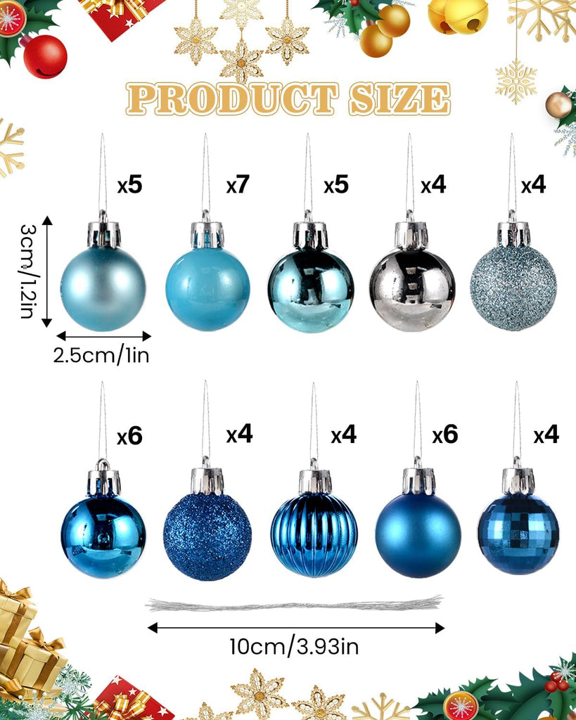 Mini Christmas Ornaments for Mini Tree - 3cm/1.18" Shatterproof Small Hanging Balls for Christmas in Blue - Set of 49