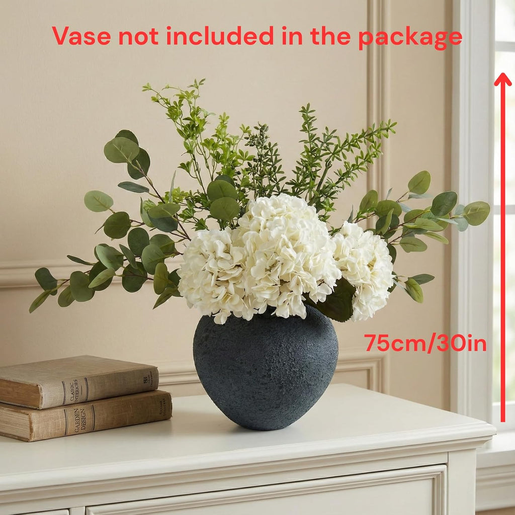 Faux Arrangement - Eucalyptus & White Hydrangea Flowers, Large Artificial Floral Greenery Centerpieces for Tables - Set of 9