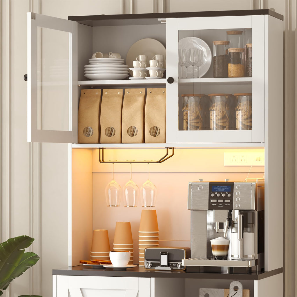 71" Tall Coffee Bar Cabinet with Storage Hutch, Farmhouse Kitchen Pantry Cabinet with LED Lights Microwave Stand and