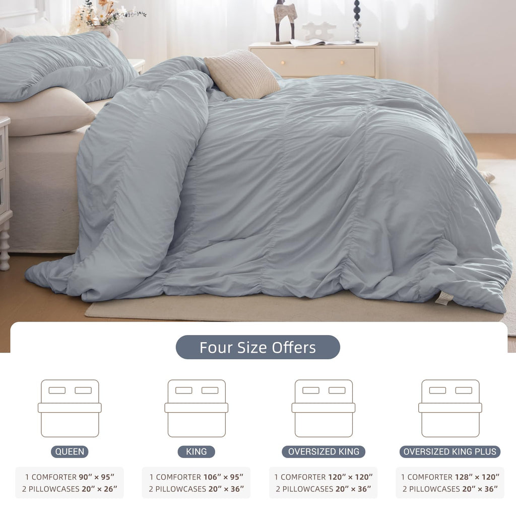 Comforter Set Light Blue Ruched Bedding Comforter Sets, Ultra Soft Ruffle Fluffy 106"*95" Shabby and
