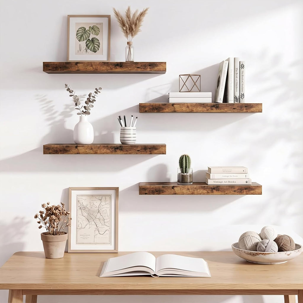 Floating Shelves for Wall Decor (Rustic Brown, Set of 4, 15.7 Inch) | MDF Shelves with Metal Brackets, Space Saving