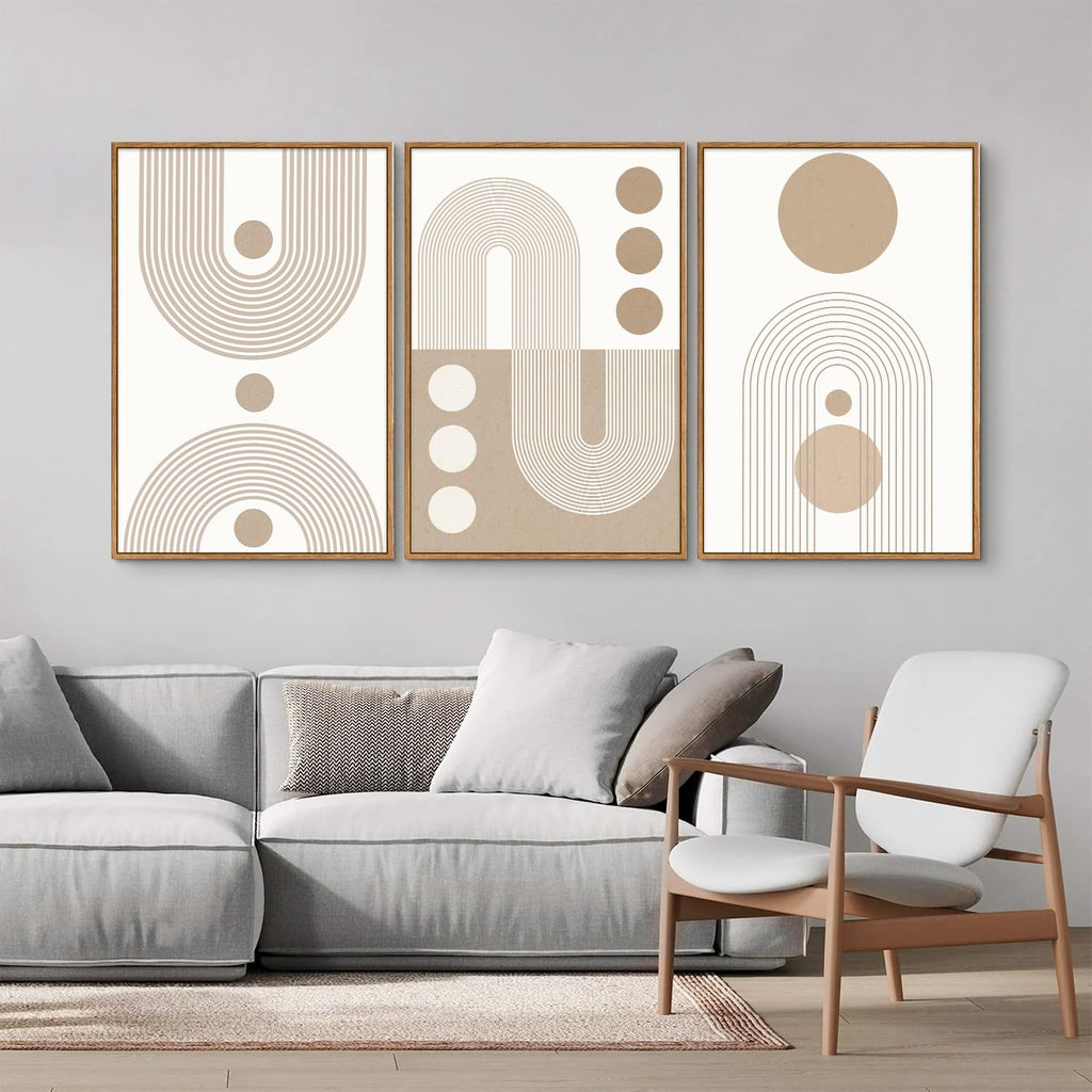 Boho Beige Framed Canvas Wall Art, Mid Century Modern Wall Decor, Bohemian Abstract Minimalist Artwork, Neutral