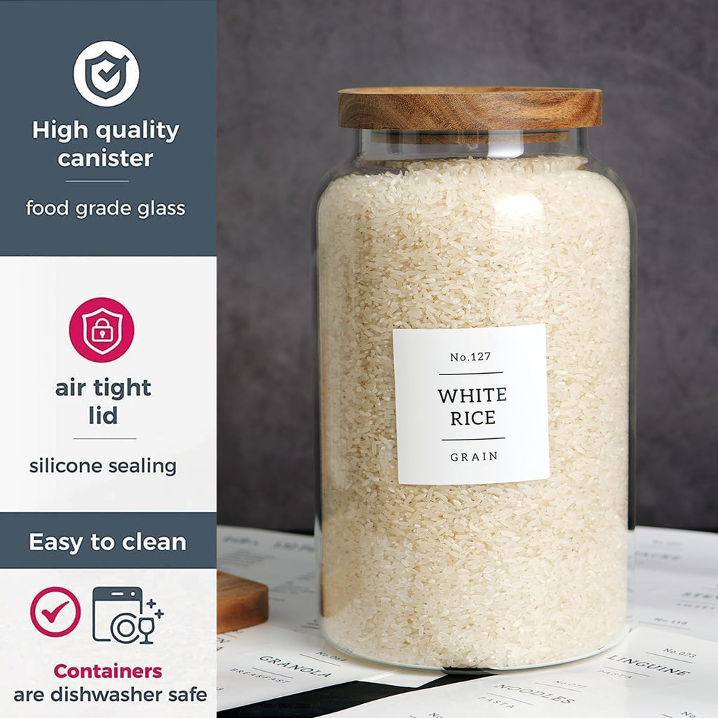 Set of 2 Large Glass Jar with Airtight Acacia Lid and 132 Kitchen Pantry Labels, Clear Glass Food Storage Jars