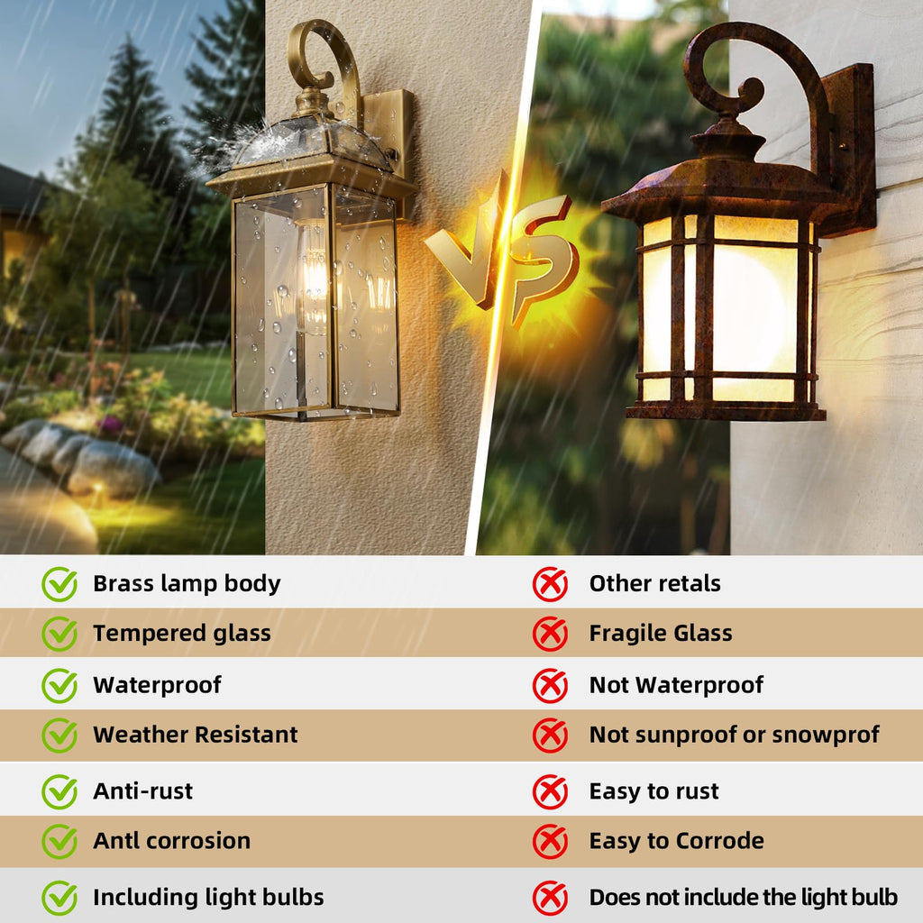 Brass Outdoor Wall Lights, Waterproof Porch Sconces, Bulbs Included, 2-Pack